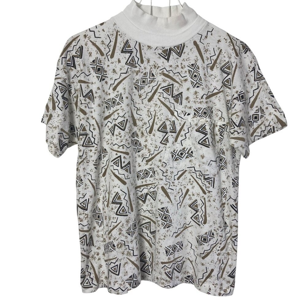 Vintage 90s OHI Mock Neck Tee Womens Medium White Gold Geometric New Wave